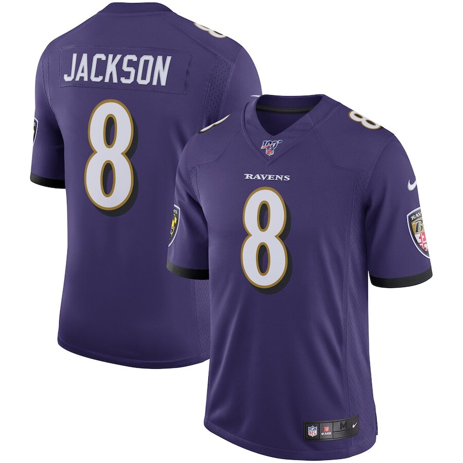 Baltimore Ravens Lamar Jackson Purple 100th Season Vapor Limited Jersey - Cocomos