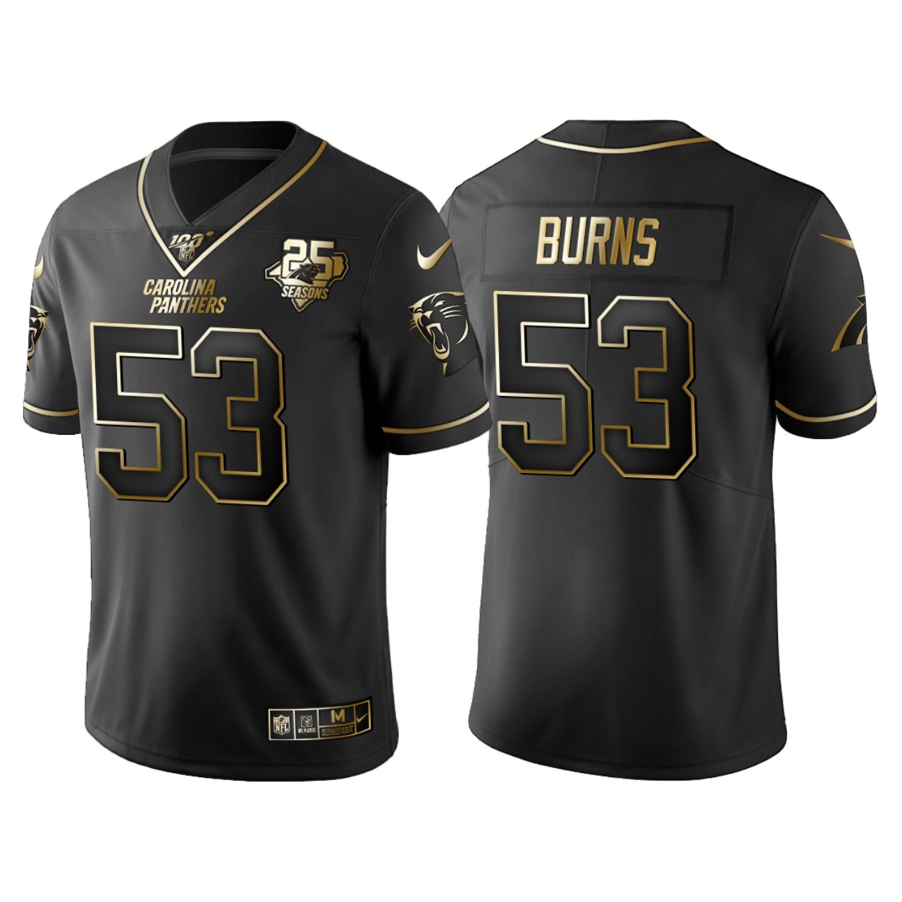 Carolina Panthers Brian Burns 25th Anniversary Black Gold Logo Jersey - Cocomos