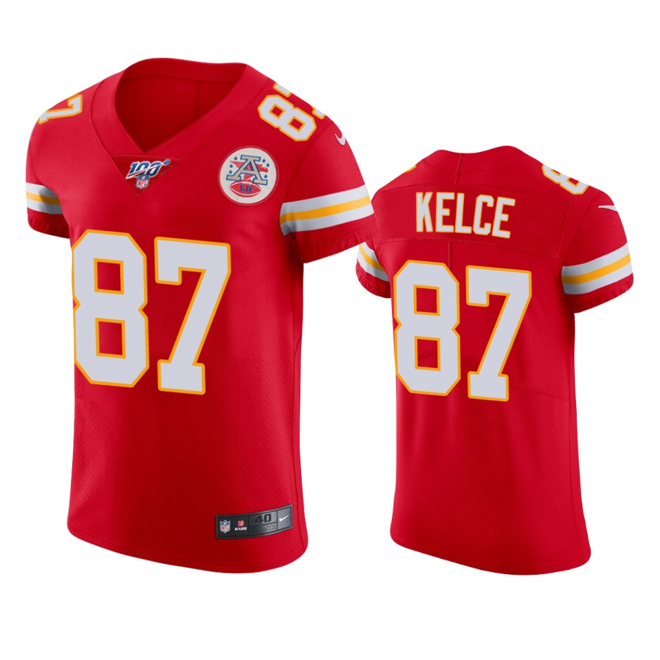 Kansas City Chiefs Travis Kelce Red 100th Season Vapor Elite Jersey - Cocomos