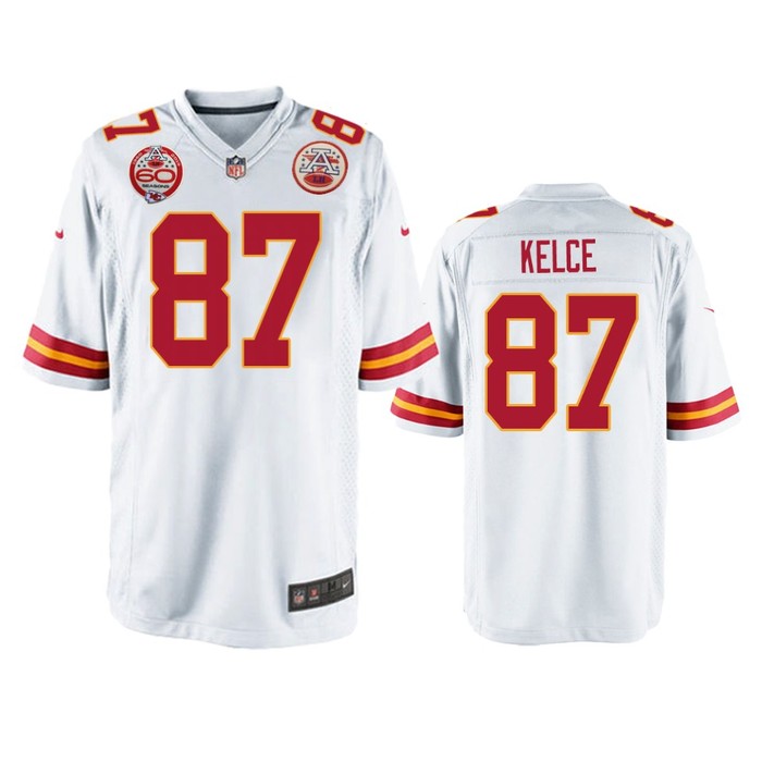 Kansas City Chiefs Travis Kelce White 60th Anniversary Game Jersey - Cocomos