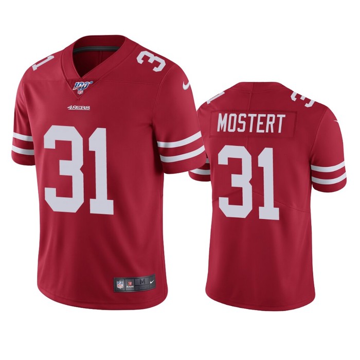 San Francisco 49ers Raheem Mostert Scarlet 100th Season Vapor Limited Jersey - Cocomos