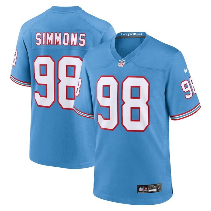 Tennessee Titans #98 Jeffery Simmons Oilers Throwback Alternate Game Player Jersey - Light Blue - Cocomos