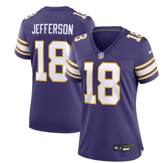 Women Minnesota Vikings #18 Justin Jefferson Purple 2023 Stitched Game Jersey - Cocomos