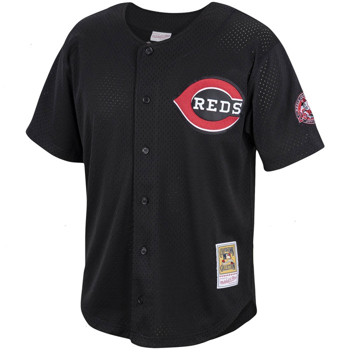 Barry Larkin Cincinnati Reds Mitchell & Ness Cooperstown Collection Mesh Batting Practice Button-Up Jersey - Black