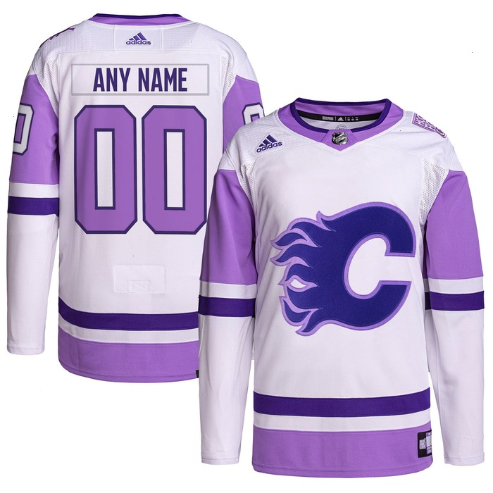 Calgary Flames adidas Hockey Fights Cancer Primegreen Authentic Custom Jersey - White/Purple