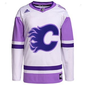 Calgary Flames adidas Hockey Fights Cancer Primegreen Authentic Custom Jersey - White/Purple