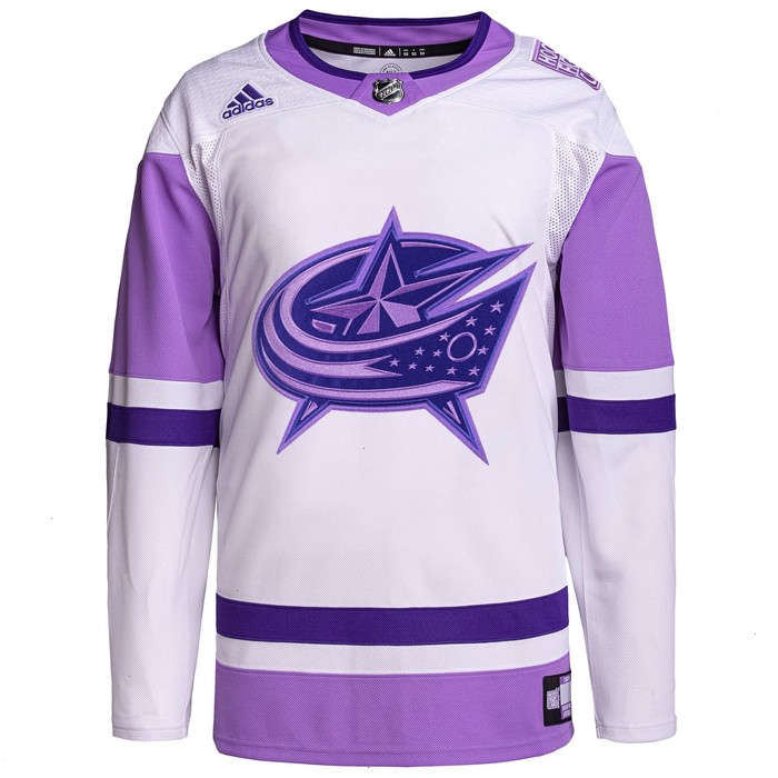 Columbus Blue Jackets adidas Hockey Fights Cancer Primegreen Authentic Custom Jersey - White/Purple