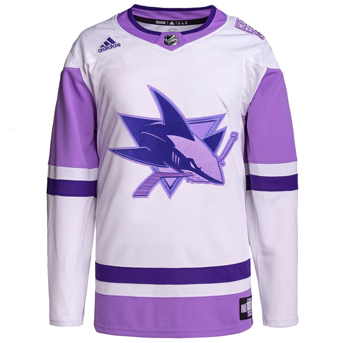 San Jose Sharks adidas Hockey Fights Cancer Primegreen Authentic Blank Practice Jersey - White/Purple