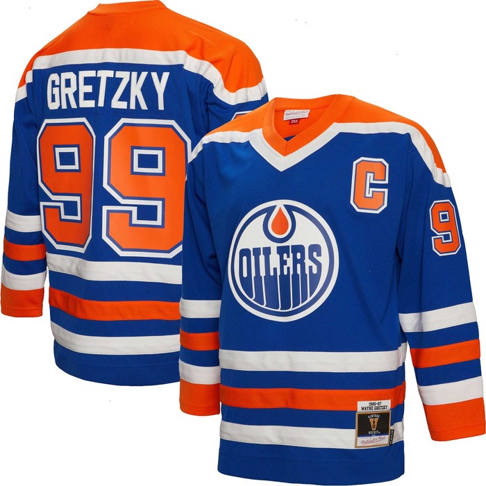 Wayne Gretzky Edmonton Oilers Mitchell & Ness Big & Tall 1986 Captain Patch Blue Line Player Jersey - Royal